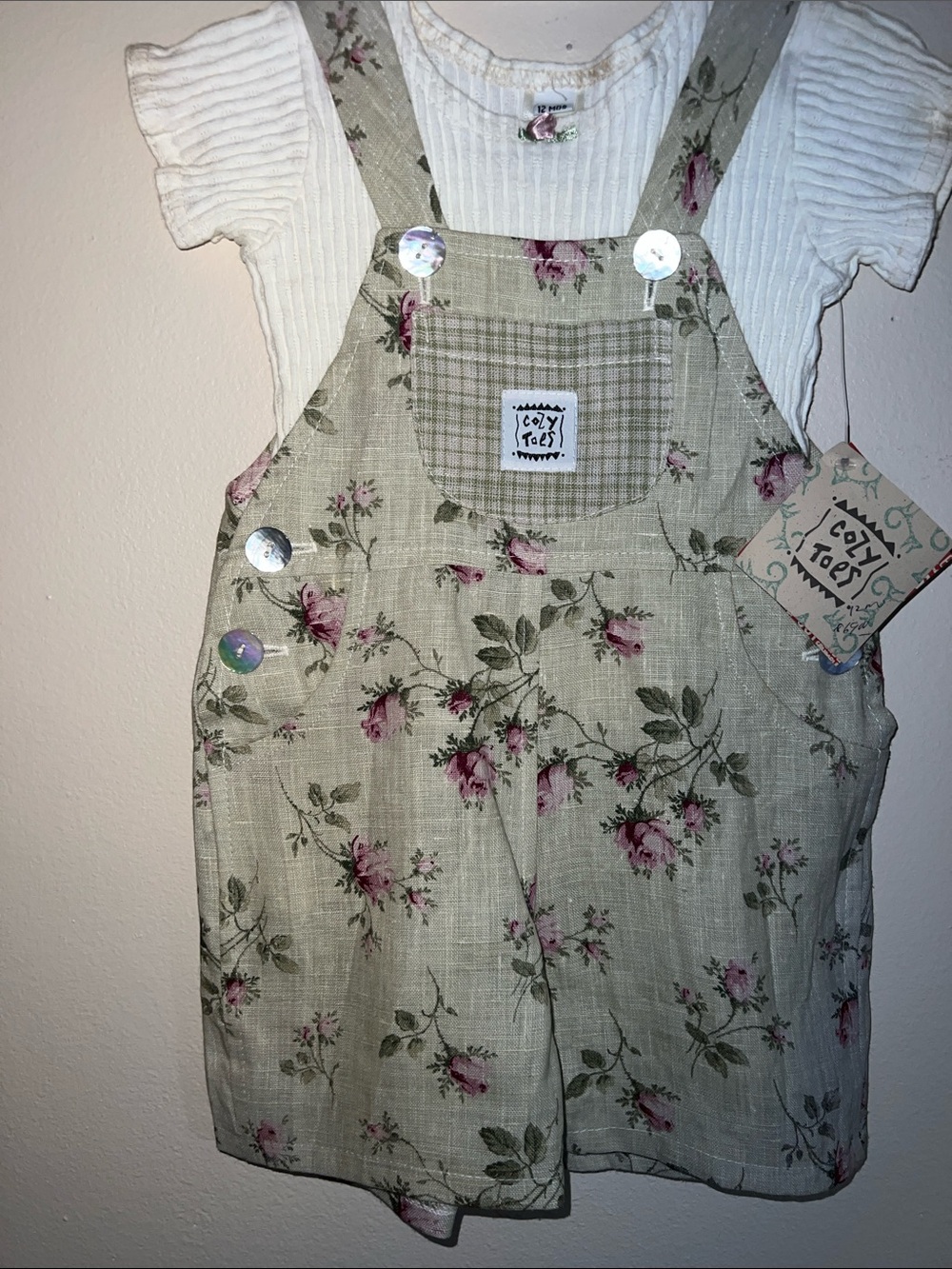 Vintage Kids Cottagecore 2 Piece Girls Floral Green Bibs and Shirt